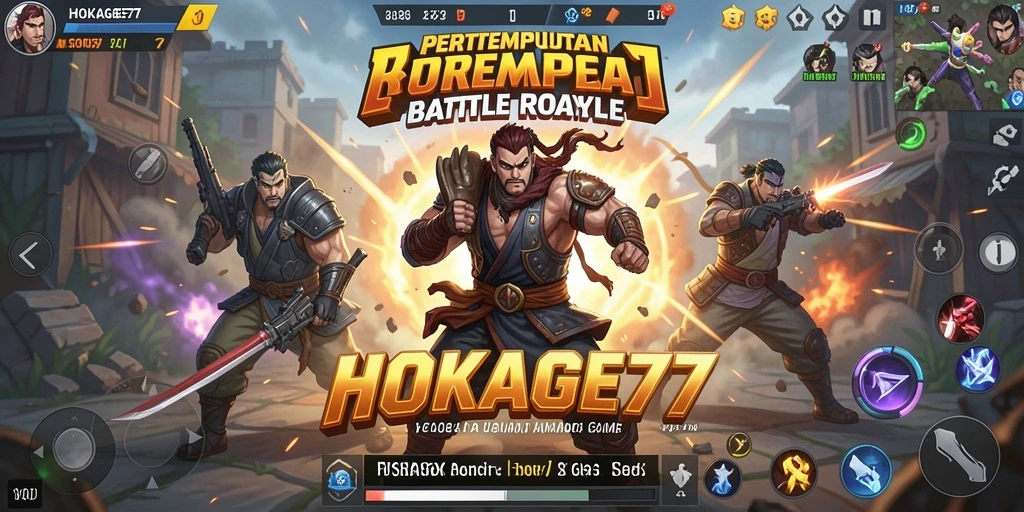 Screenshot menampilkan aksi intens dalam game Battle Royale HOKAGE77.