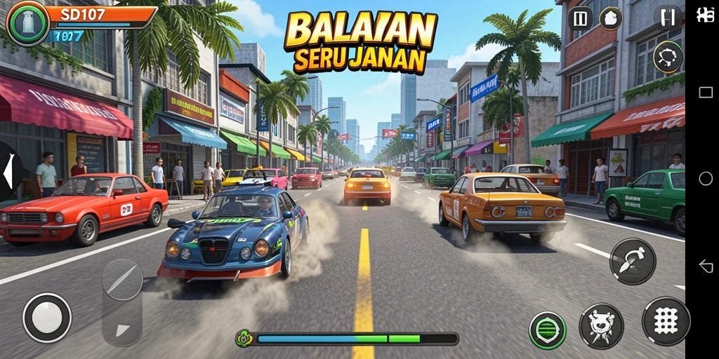 Tangkapan layar gameplay SD107 menampilkan aksi balapan yang mendebarkan.