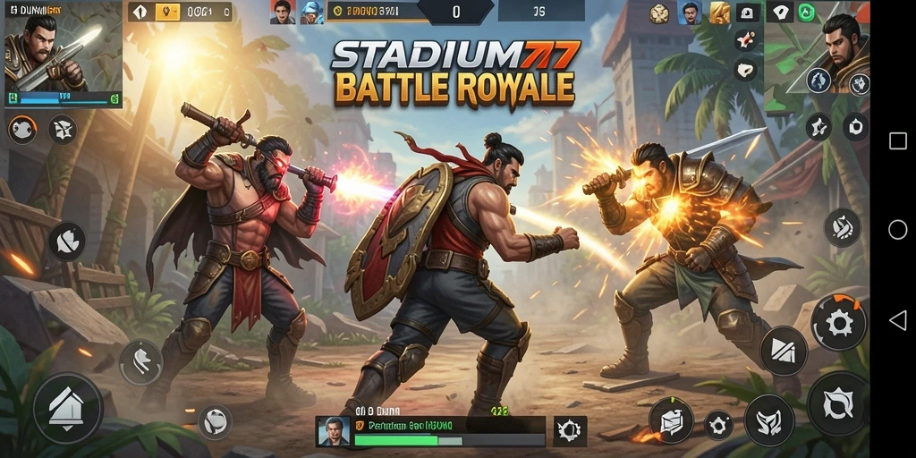 Screenshot utama STADIUM77 menampilkan aksi pertempuran yang mendebarkan.